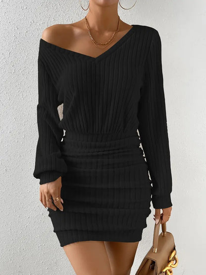 V Neck Ribbed Long Sleeve Ruched Bodycon Mini Dress