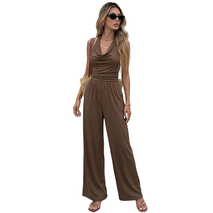 Cowl Neck Backless Wide Leg Jumpsuit Sleeveless Romper