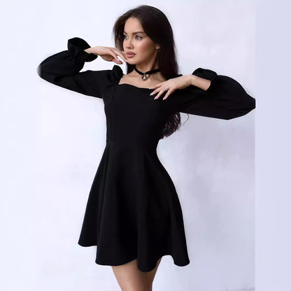 Black Satin Square Neck Puff Sleeve Party Dress
