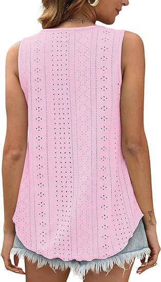 Eyelet Knit Tank Top Sleeveless Loose Fit Summer Top