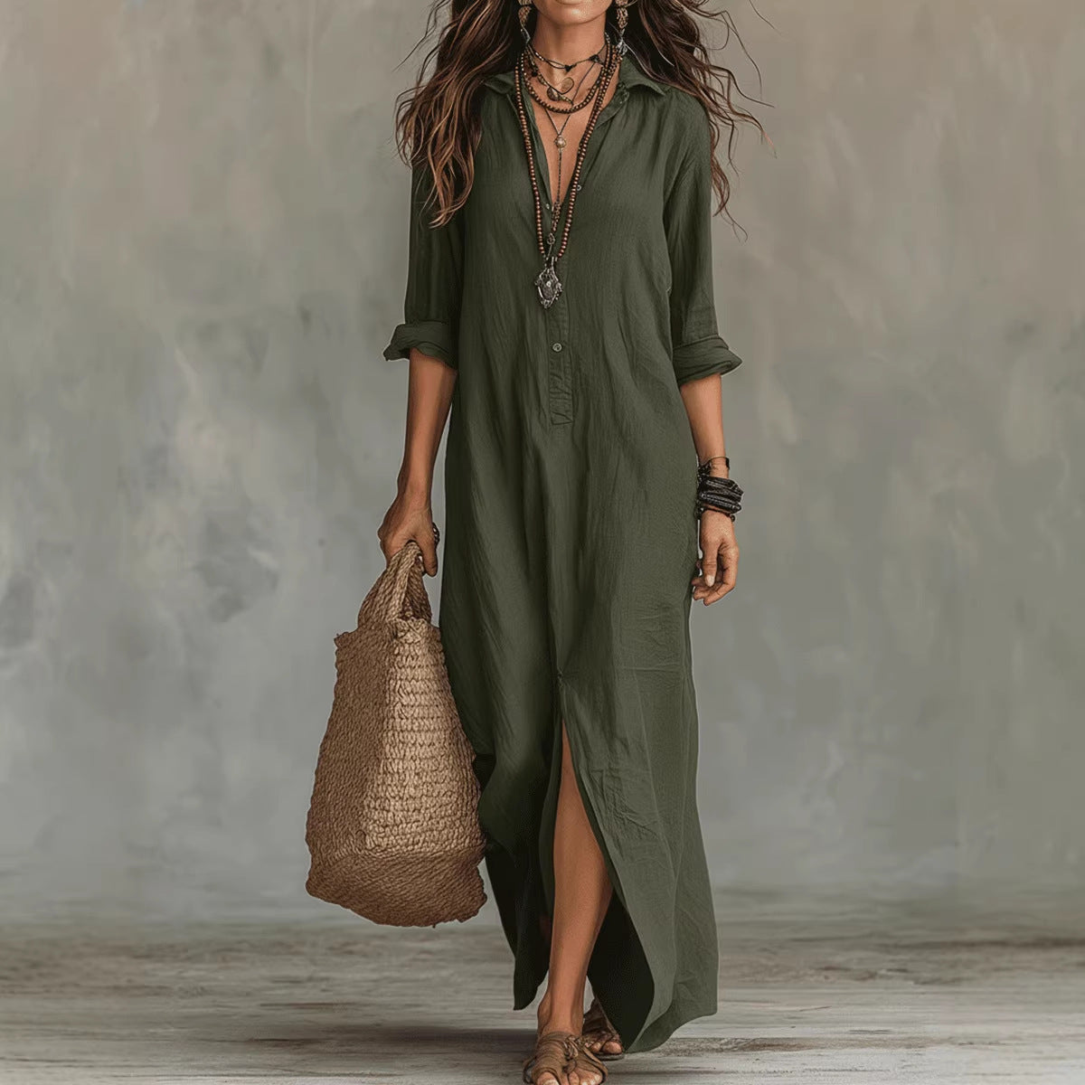 Women's Casual Collared Maxi Shirt Dress Front Slit