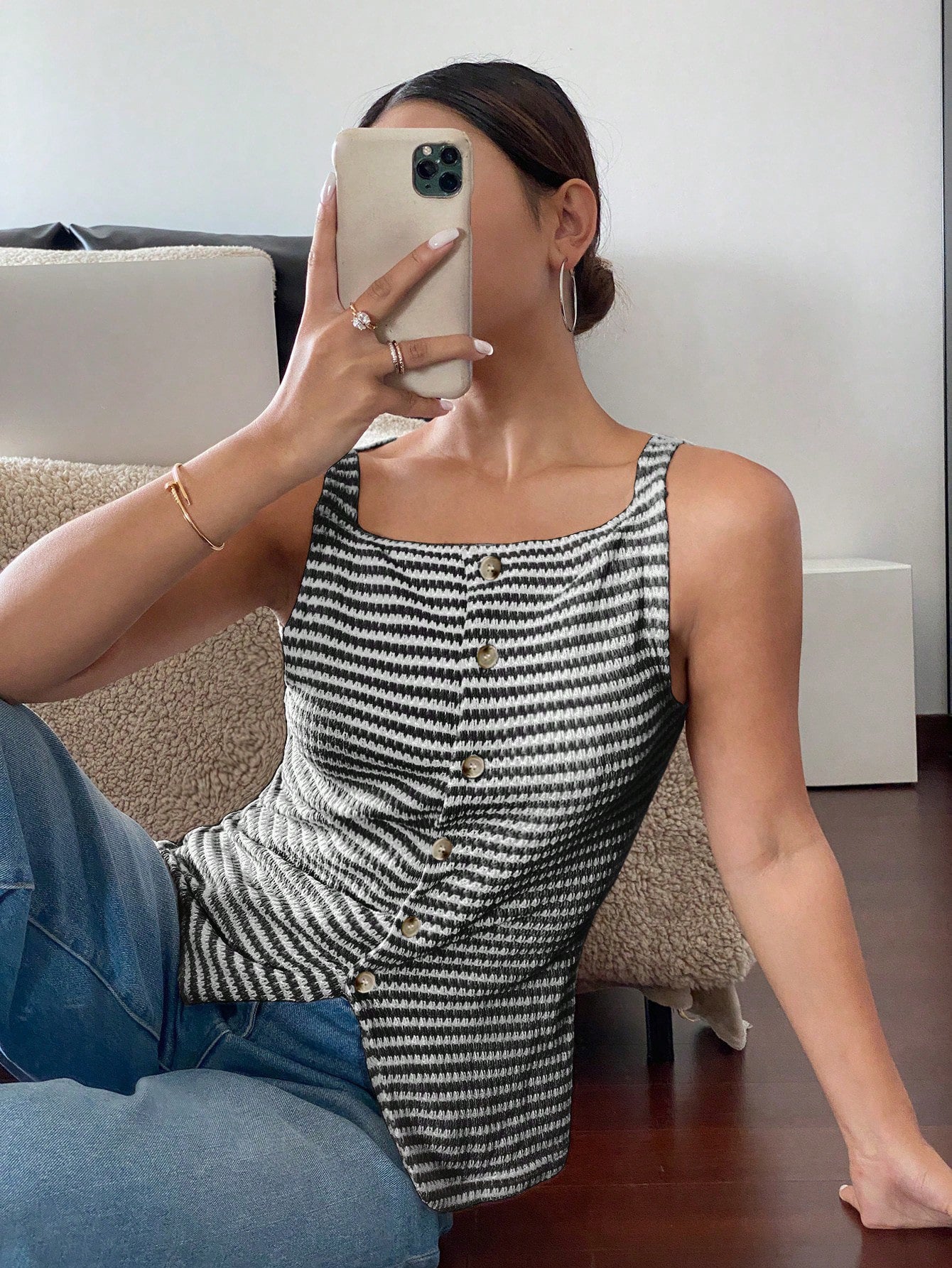 Women’s Striped Button Front Sleeveless Tank Top