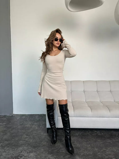 Ribbed Knit Long Sleeve Bodycon Mini Dress with Lettuce Hem