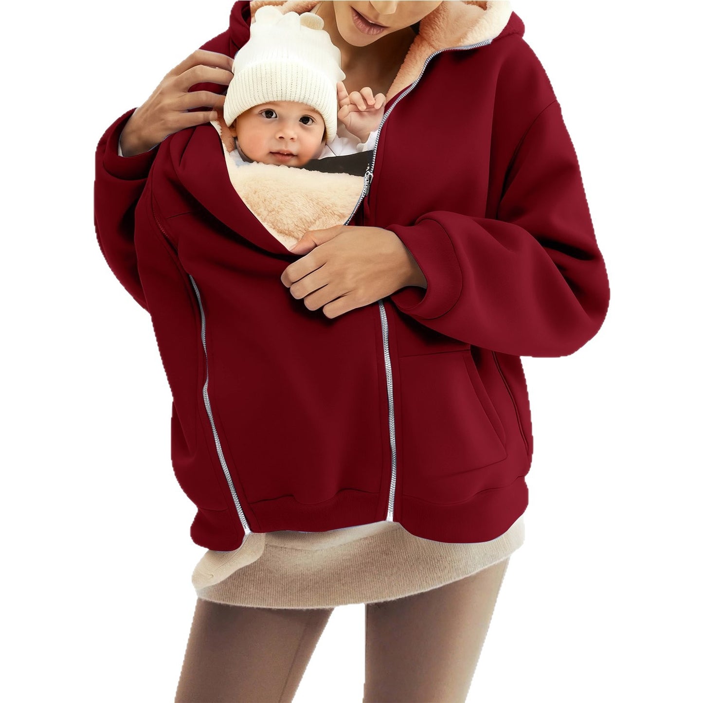 Women's Sherpa Baby Carrier Zip Up Hoodie Kangaroo Pocket
