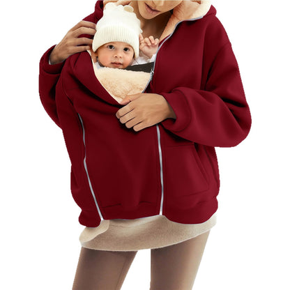 Women's Sherpa Baby Carrier Zip Up Hoodie Kangaroo Pocket