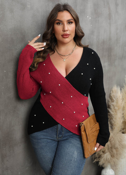 Women's Splicing Sexy Deep V Beaded Sweater Long Sleeve