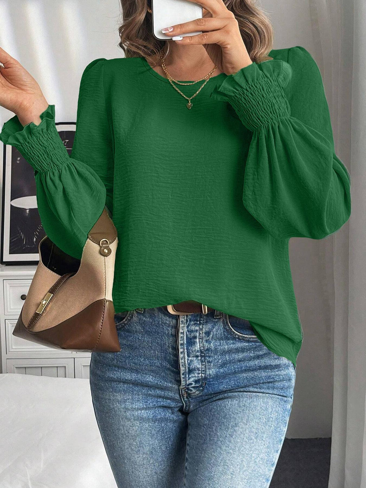 Women's Round Neck Balloon Sleeve Casual Blouse