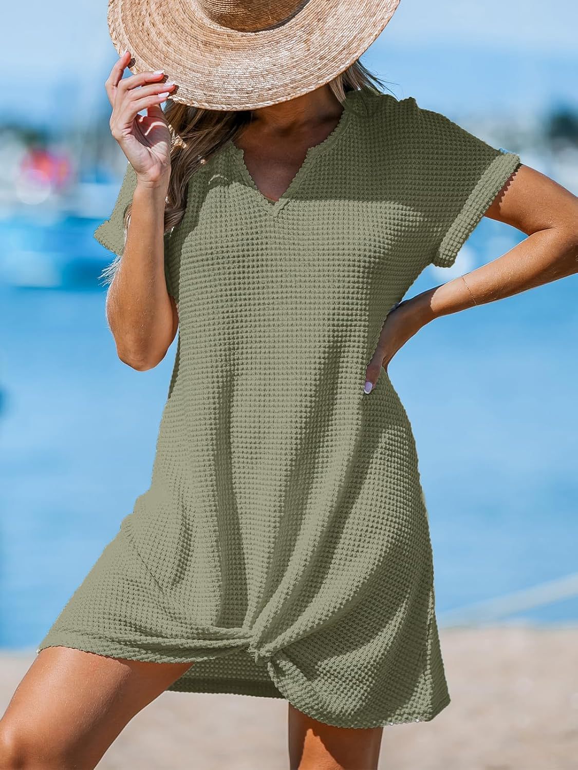 Waffle Knit V-Neck Short Sleeve Beach Cover Up Dress