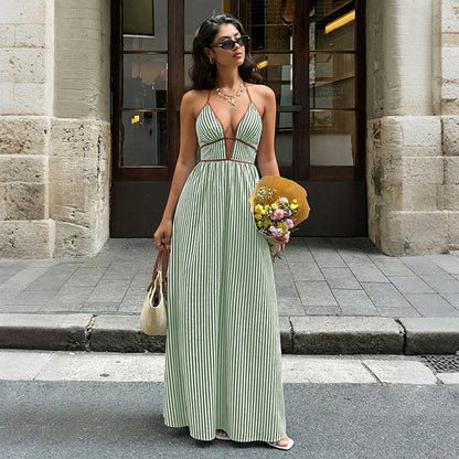 Striped Halter Backless Maxi Dress Deep V Resort Dress