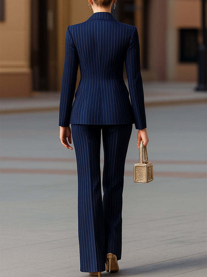 Women's Pinstripe Blazer Wide Leg Pant Suit Set