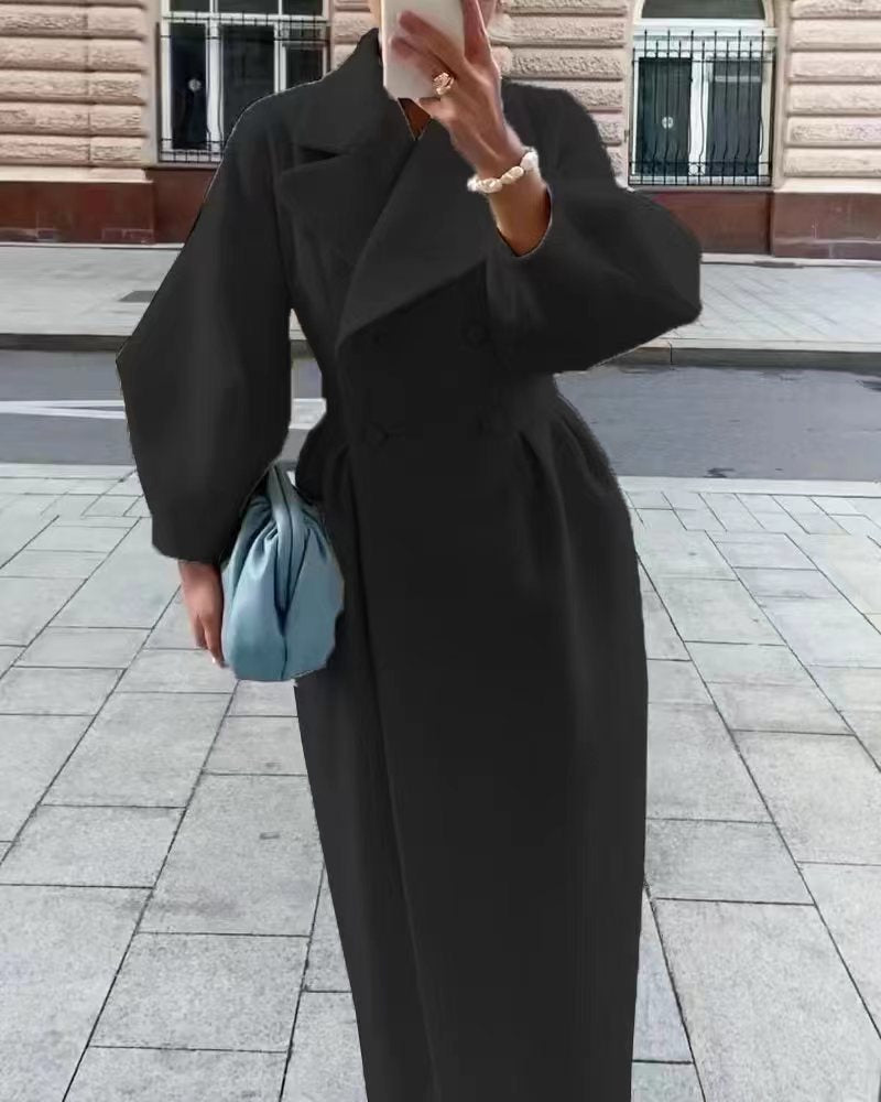Women Wool Coat Double Breasted Balloon Sleeve Notch Lapel