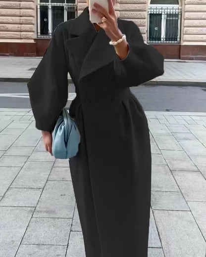 Women Wool Coat Double Breasted Balloon Sleeve Notch Lapel