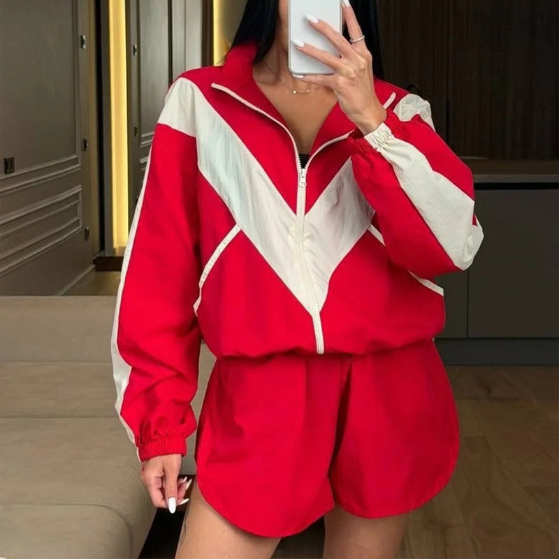 Women's Color Block Zip Jacket Shorts Set