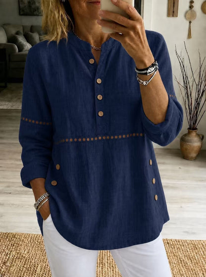 Women Cotton Eyelet Tunic Long Sleeve Side Button Loose Top