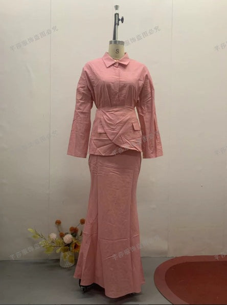 Women's Elegant Collared Long Sleeve 3 Piece Maxi Skirt Set