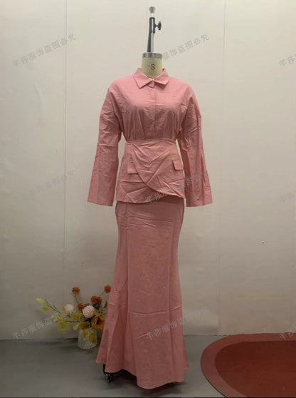 Women's Elegant Collared Long Sleeve 3 Piece Maxi Skirt Set