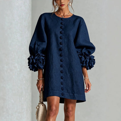 Elegant Floral Applique Balloon Sleeve A-Line Mini Dress