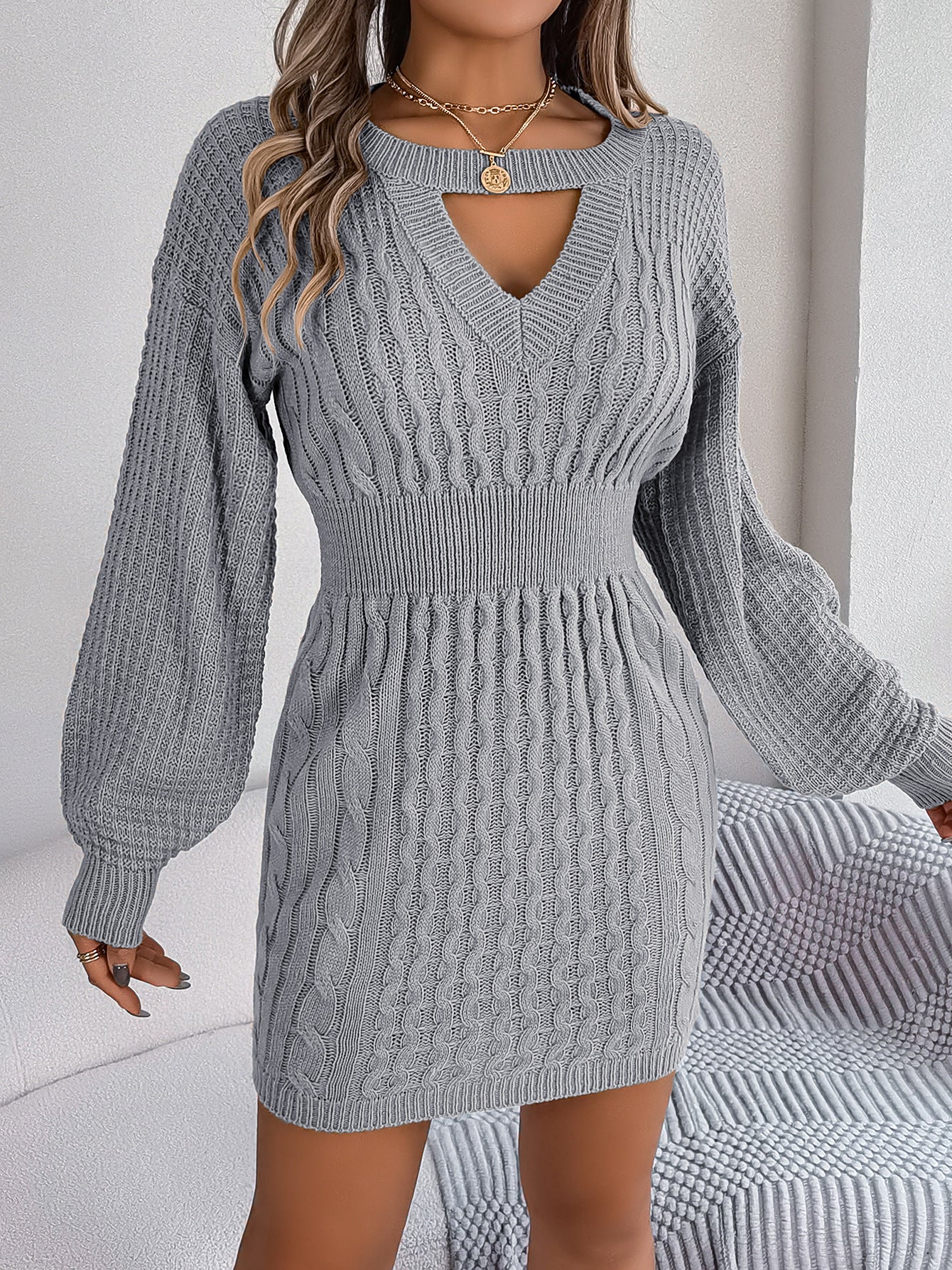 Grey Cable Knit Cutout Sweater Dress – Bodycon Mini