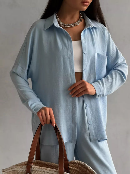 Two Piece Shirt Pants Set Wide Leg Casual Outfit