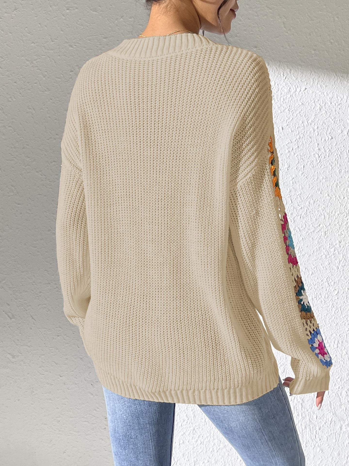 Women's Hand Hook Splicing Long Sleeve V-Neck Sweater Casual