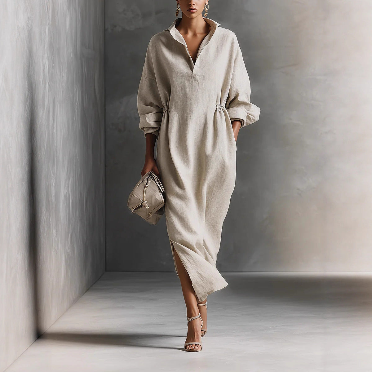 Women's Collared Long Sleeve Slit Maxi Shirt Dress