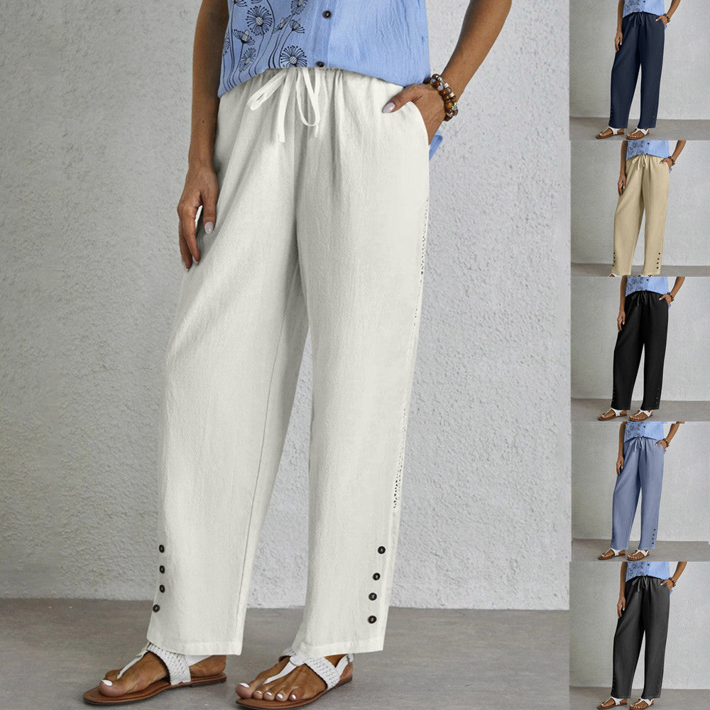 Women's Cotton Linen Pants Drawstring Eyelet Button Hem