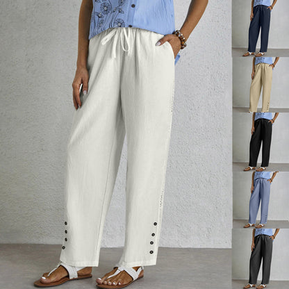 Women's Cotton Linen Pants Drawstring Eyelet Button Hem