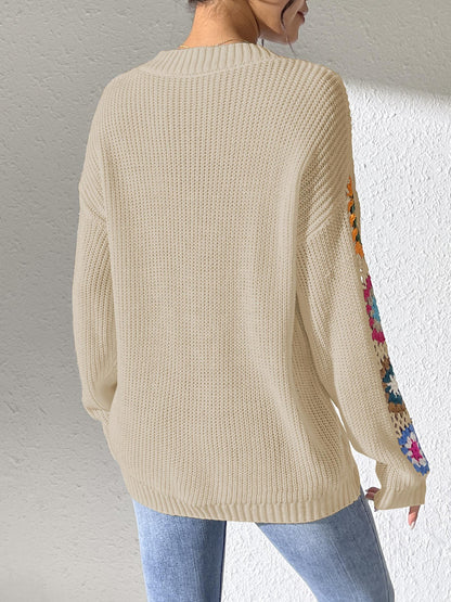 Fall/Winter Casual Loose V-Neck Crochet Floral Sweater
