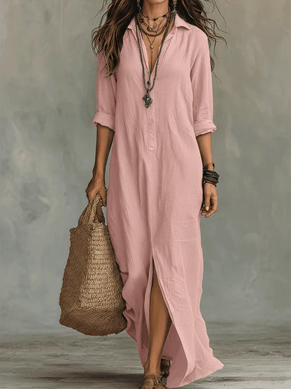 Women's Casual Collared Maxi Shirt Dress Front Slit
