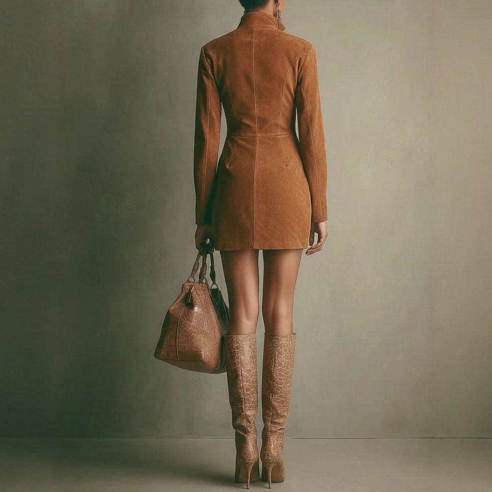 Faux Suede Zip Up Mock Neck Long Sleeve Bodycon Mini Dress