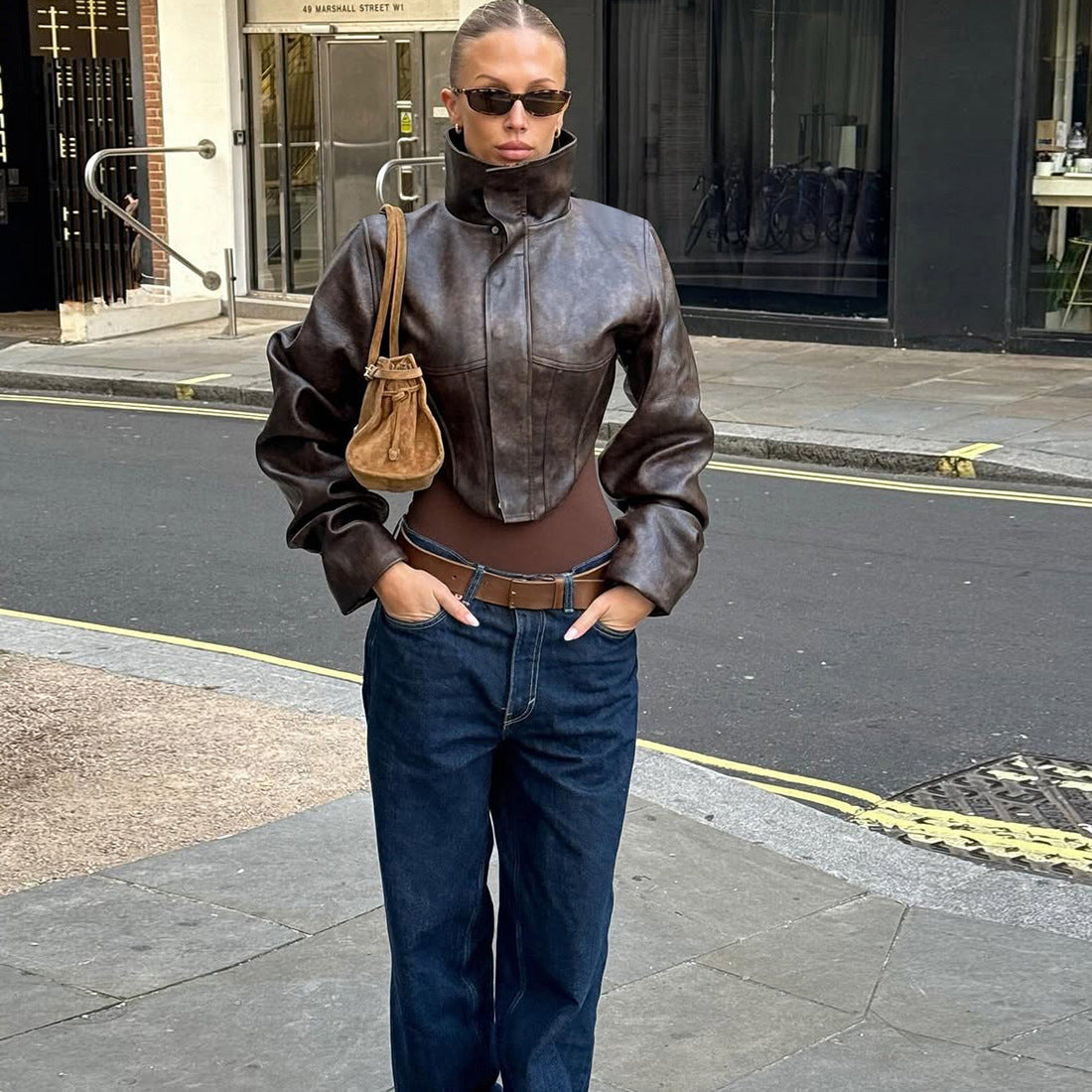 Womens Faux Leather Corset Jacket Cropped Moto Zip Up