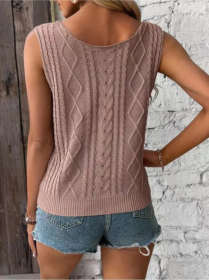 Women Cable Knit Tank Top V Neck Sleeveless Summer Sweater