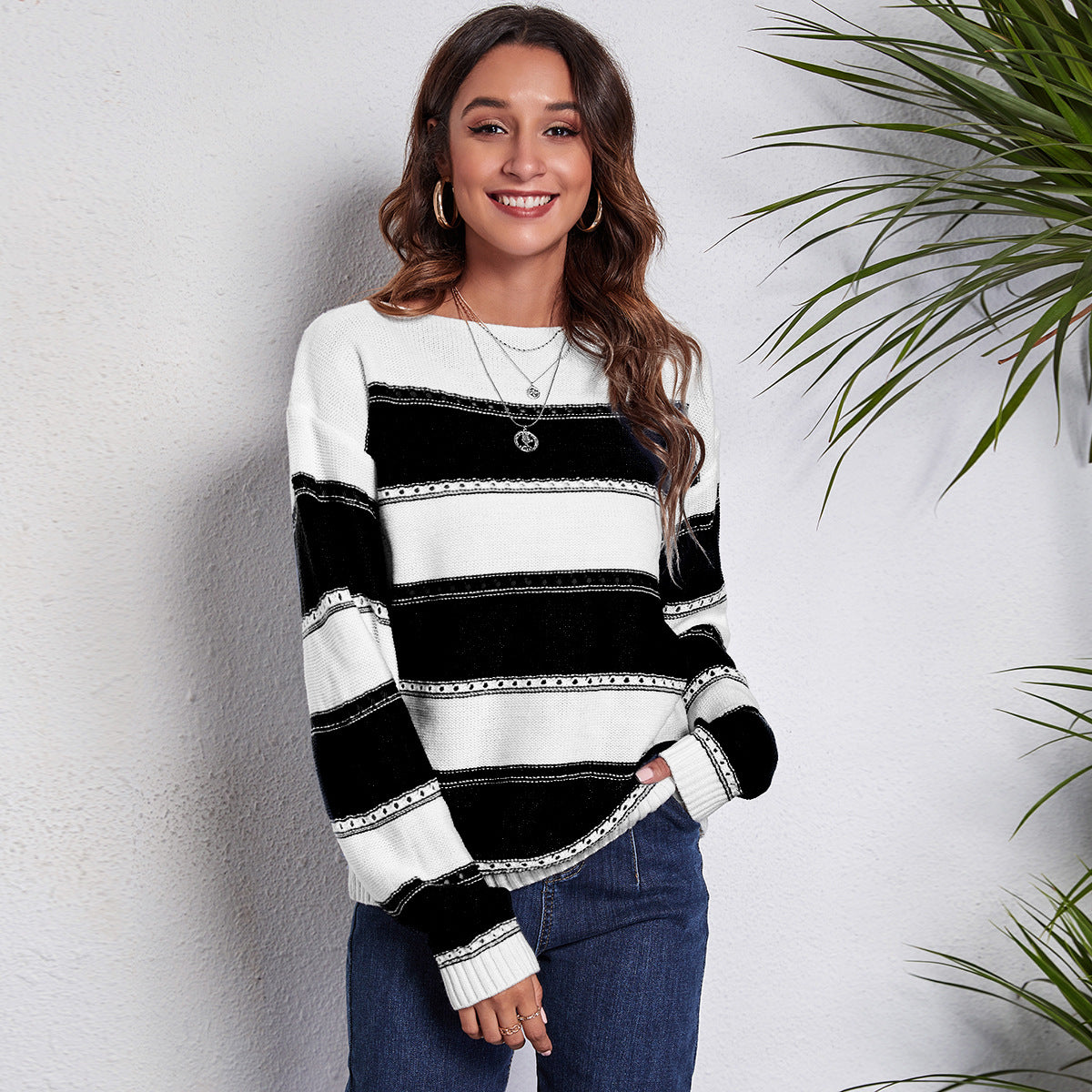Women's Off Shoulder Striped Crochet Knit Sweater
