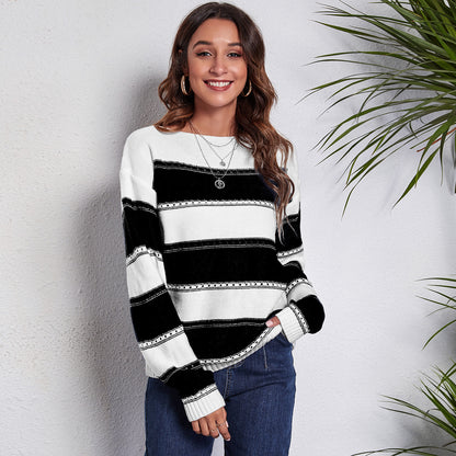 Women's Off Shoulder Striped Crochet Knit Sweater