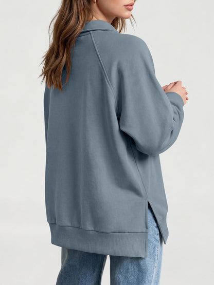 Women's Oversized Collared Button Pullover Sweatshirt