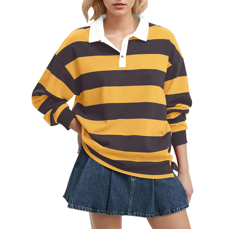 Women's Oversized Striped Polo Shirt Long Sleeve