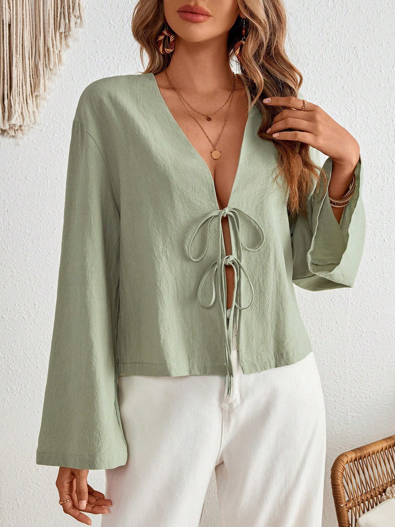Women's Tie Front V Neck Bell Sleeve Blouse Top