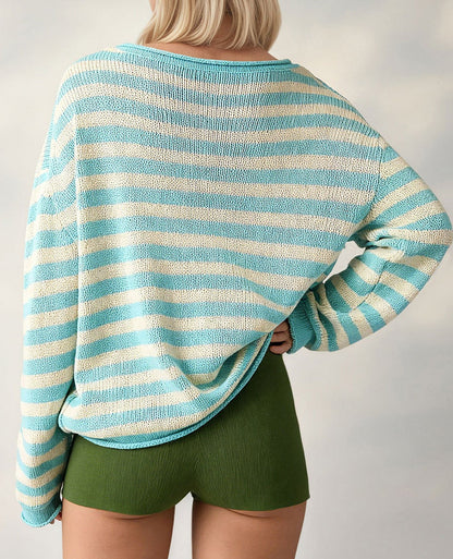 Striped Knit Oversized Crew Neck Sweater Pullover