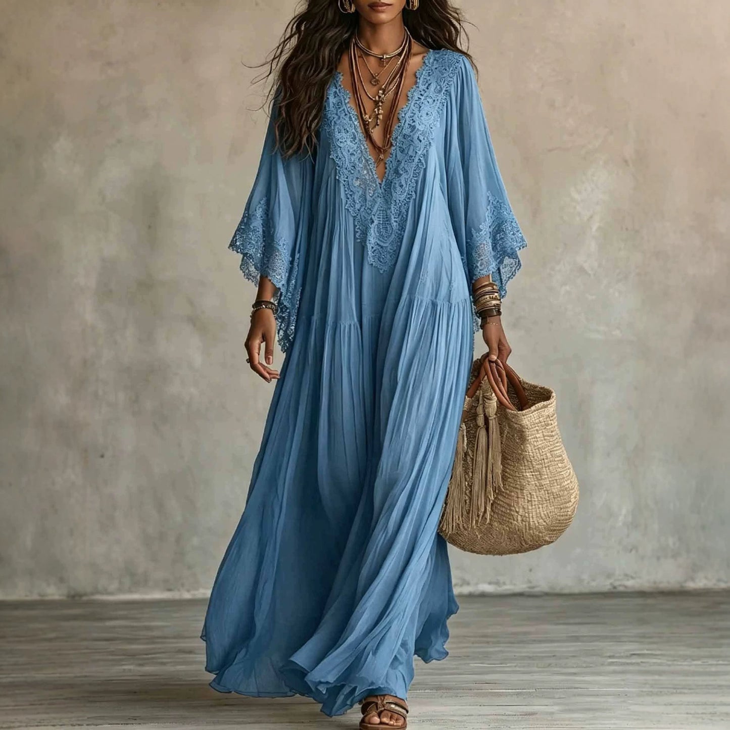Women's Boho Lace Chiffon Long Sleeve Maxi Dress