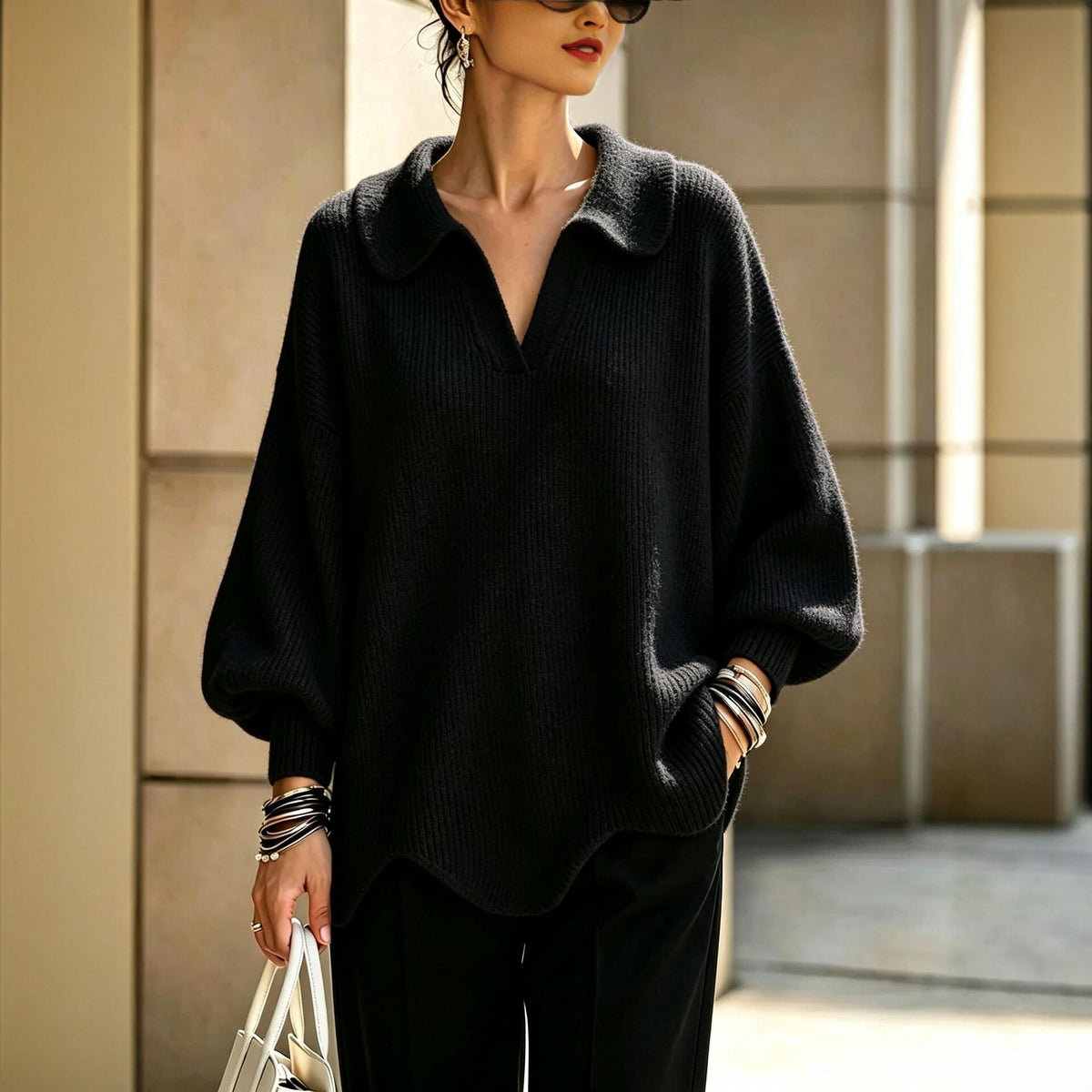 Women's Oversized Collar V-Neck Balloon Sleeve Sweater