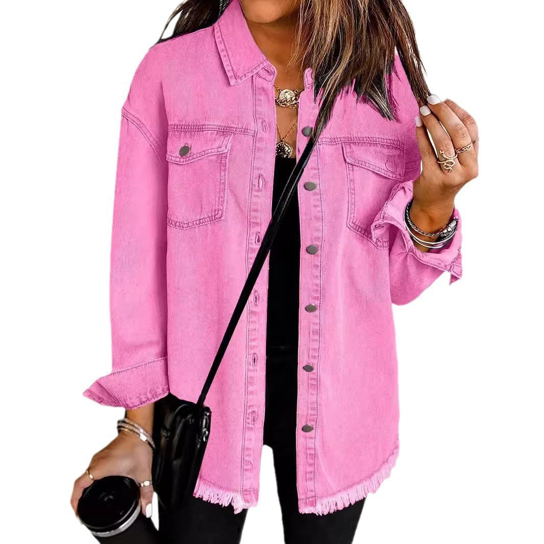 Women's Oversized Denim Shacket Frayed Hem Jacket