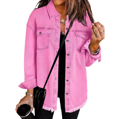 Women's Oversized Denim Shacket Frayed Hem Jacket