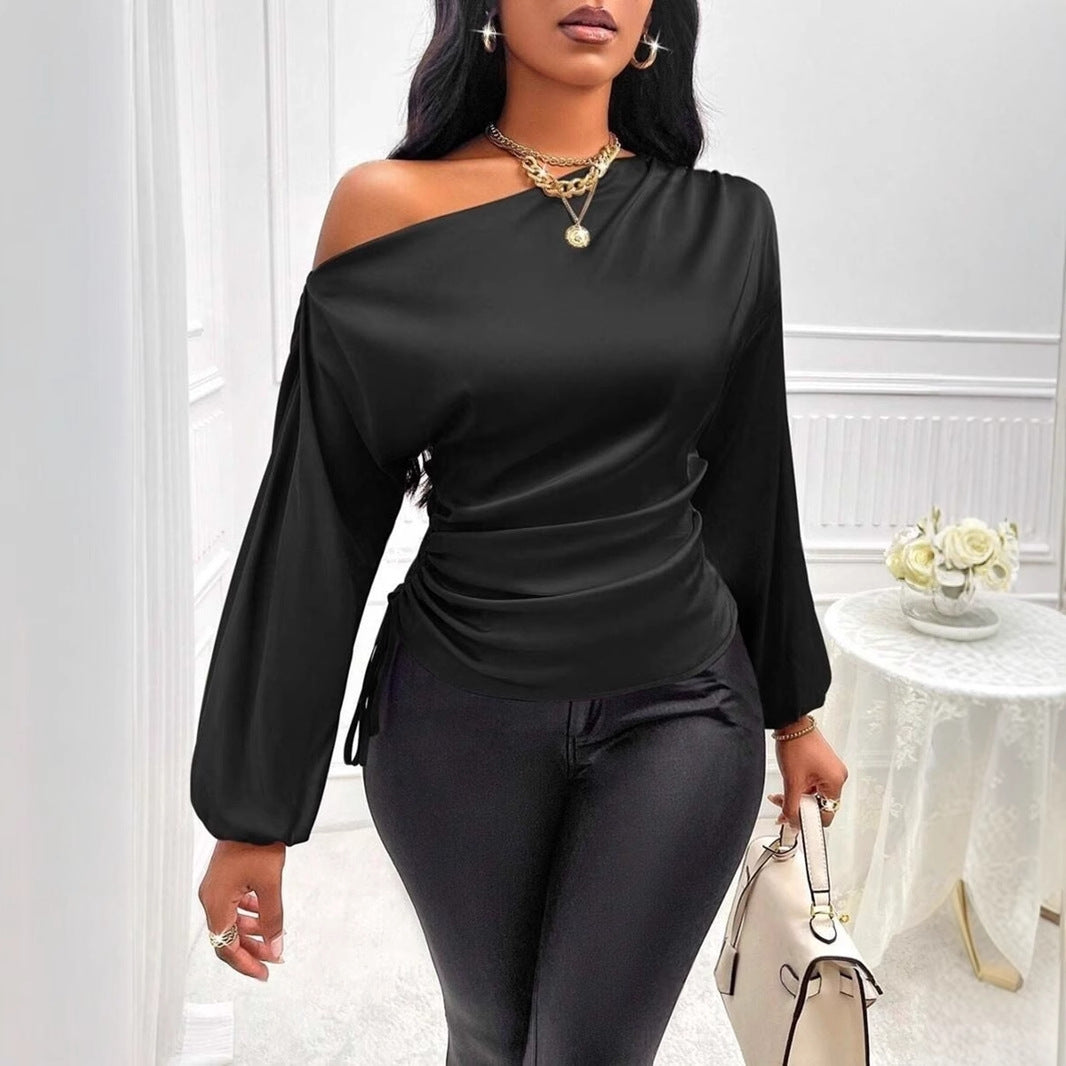 Women's Satin One Shoulder Long Sleeve Ruched Top