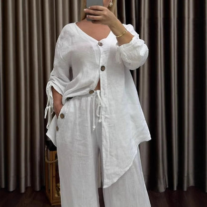 Women's Linen Two Piece Cardigan Wide Leg Pants Set