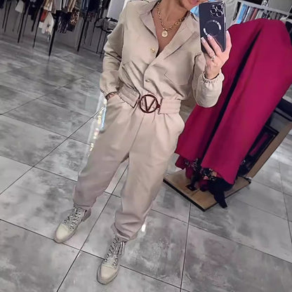 Women's Belted Shirt Jumpsuit Long Sleeve Tapered Pockets