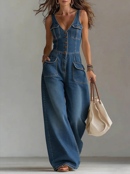 Sleeveless V-Neck Denim Jumpsuit Women Wide Leg