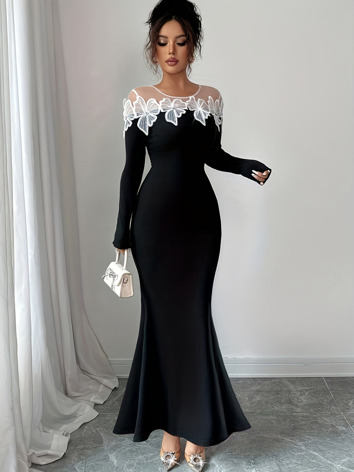 Black Butterfly Mesh Long Sleeve Mermaid Maxi Dress