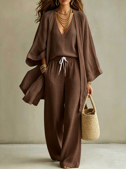 Women's 3 Piece Matching Set Wide Leg Pants Cardigan