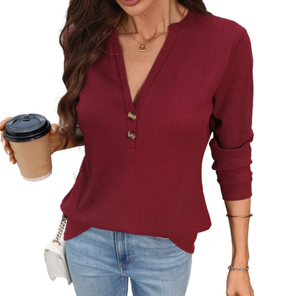 Women's Waffle Knit V-Neck Button Long Sleeve Top