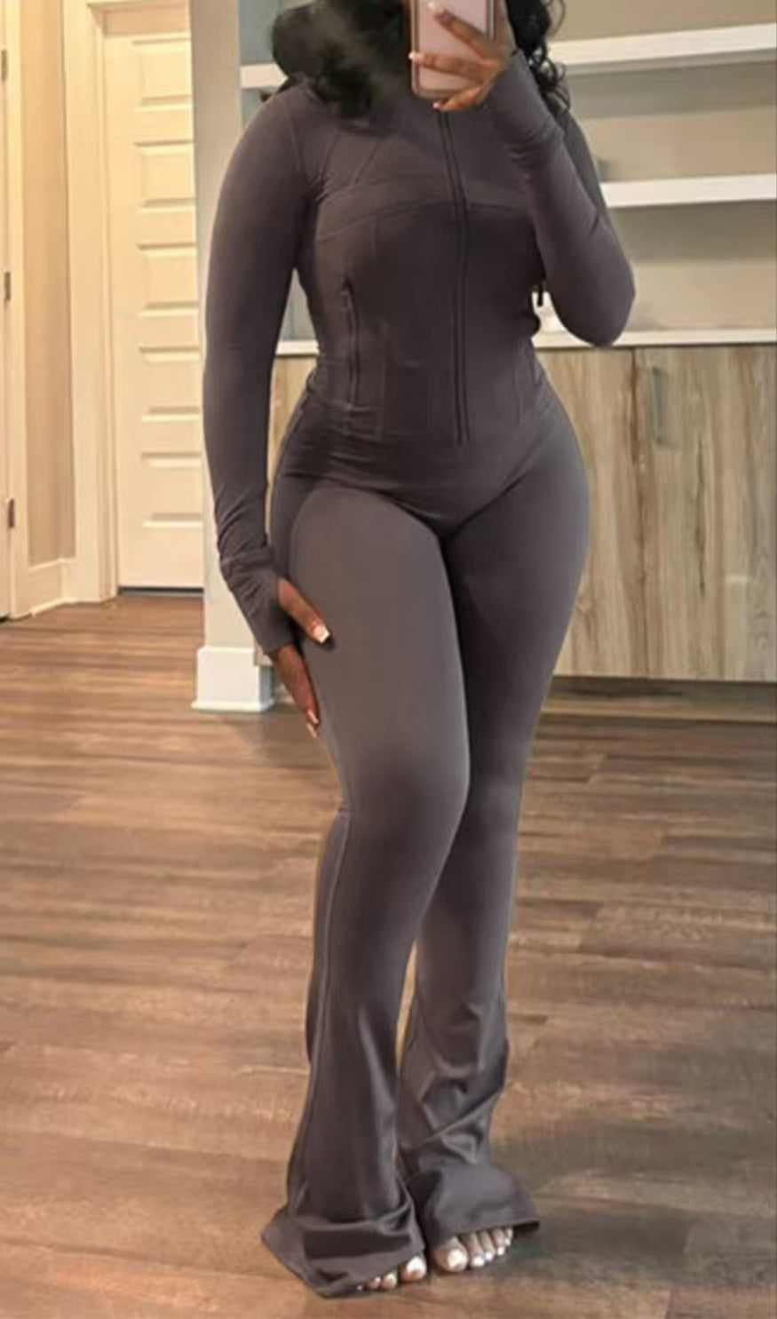 Women's Sexy Zip Up Crop Top & Flare Pants 2 Piece Set